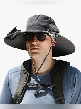 Wide Brim 3-Speed Solar Fan Hat - Gray - NEW